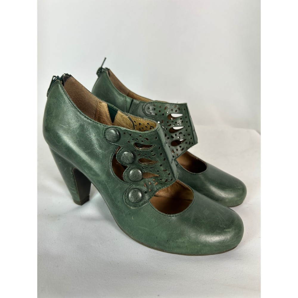 Miz Mooz Green Leather Butterfly Button Zip Mary Jane Heel Retro Fun Size 9
